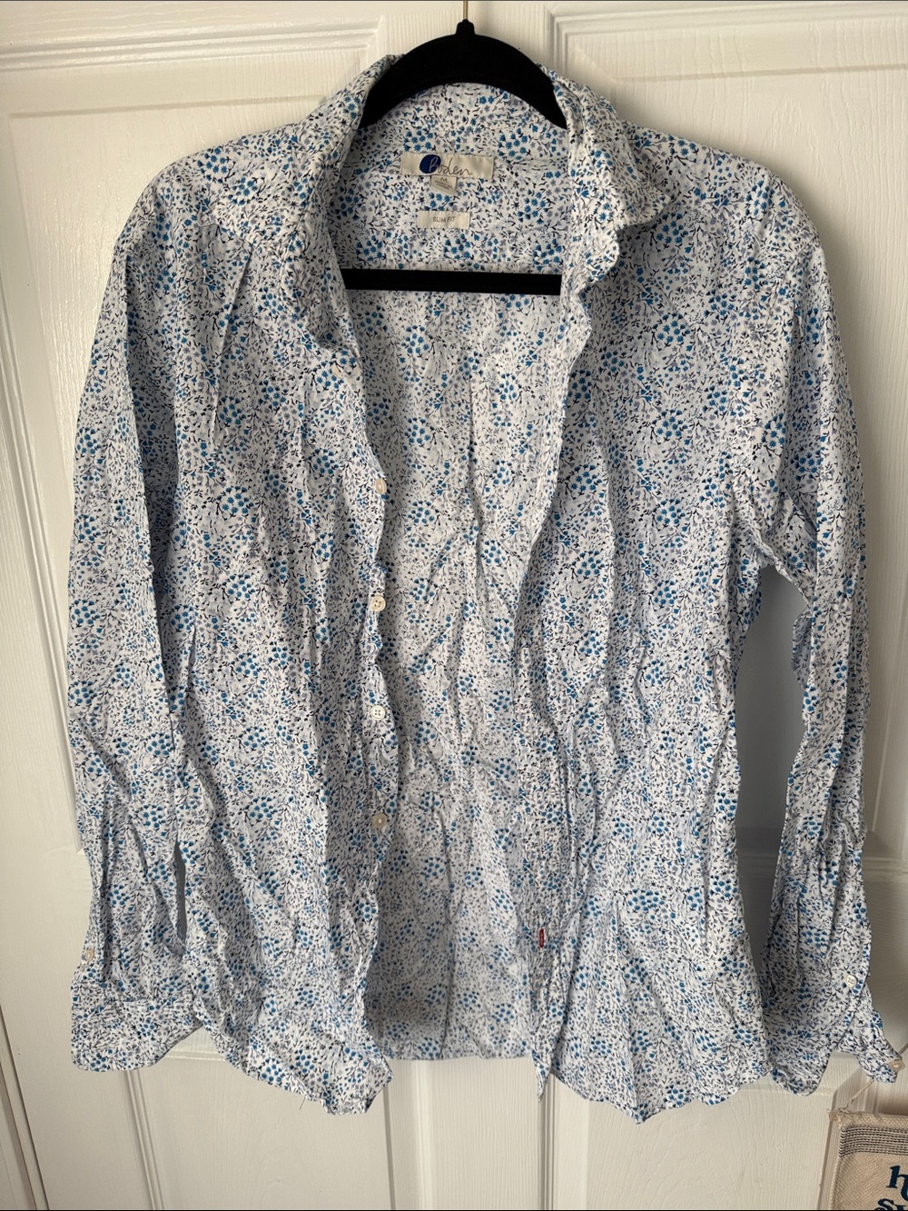 Men’s Boden 100% Cotton White Dress Shirt with Blue Floral Print Slim Fit